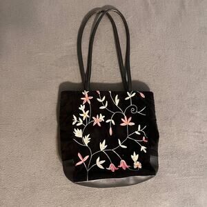 Bueno Boho Velvet Embroidered Tote Black Floral Sholder Bag Faux Leather Purse